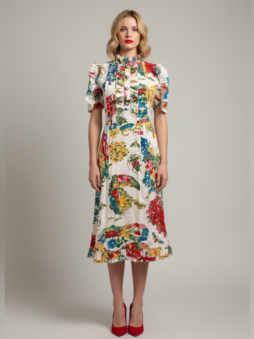 Gucci Floral Print Ruffle Trim Shirt Dress White & Multicolor